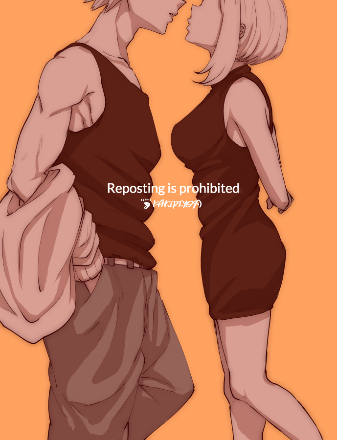 1boy, 1girl, arms_behind_back, bakugou_katsuki, black_dress, black_tank_top, boku_no_hero_academia, breasts