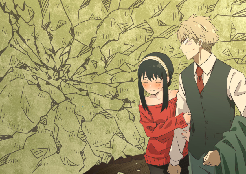 1boy, 1girl, arm_grab, black_hair, black_pants, black_vest, blank_eyes, blonde_hair