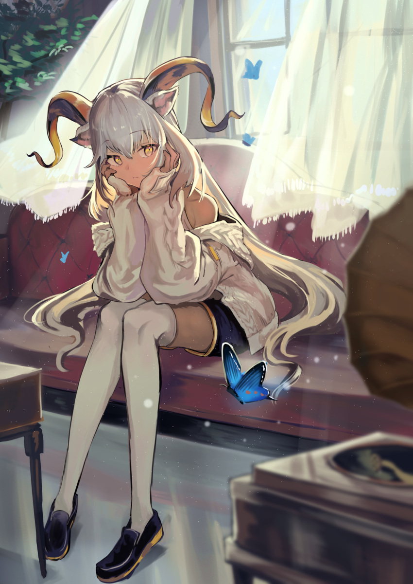 1girl, animal_ears, arknights, bangs, bare_shoulders, beeswax_(arknights), beeswax_(weisser_sand)_(arknights), black_footwear, black_pants, bug, butterfly, closed_mouth, couch, curtains, dark-skinned_female, dark_skin, day, eyebrows_visible_through_hair, full_body, goat_ears, goat_girl, goat_horns, hands_on_own_cheeks, hands_on_own_face, highres, horns, indoors, jacket, light_particles, long_hair, long_sleeves, looking_at_viewer, natsuba002, official_alternate_costume, on_couch, open_clothes, open_jacket, pants, phonograph, silver_hair, sitting, solo, sunlight, thigh-highs, very_long_hair, white_jacket, white_legwear, yellow_eyes