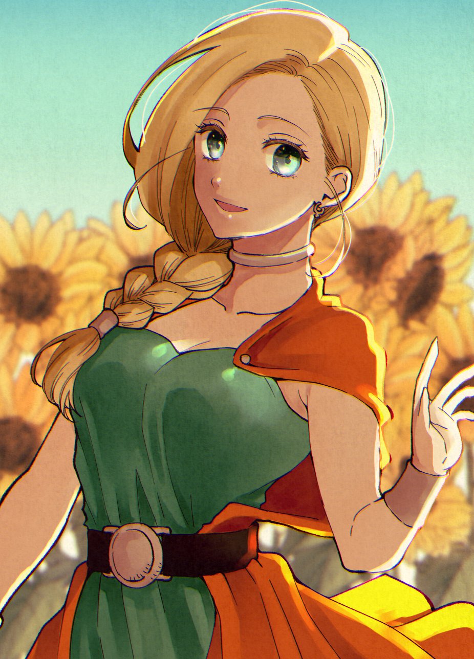 1girl, belt, bianca_(dq5), blonde_hair, blue_eyes, blurry, blurry_background, bracelet, braid, cape, choker, dragon_quest, dragon_quest_v, earrings, flower, hair_over_shoulder, highres, jewelry, long_hair, looking_at_viewer, open_mouth, orange_cape, outsuba_itaru, side_braid, solo, sunflower