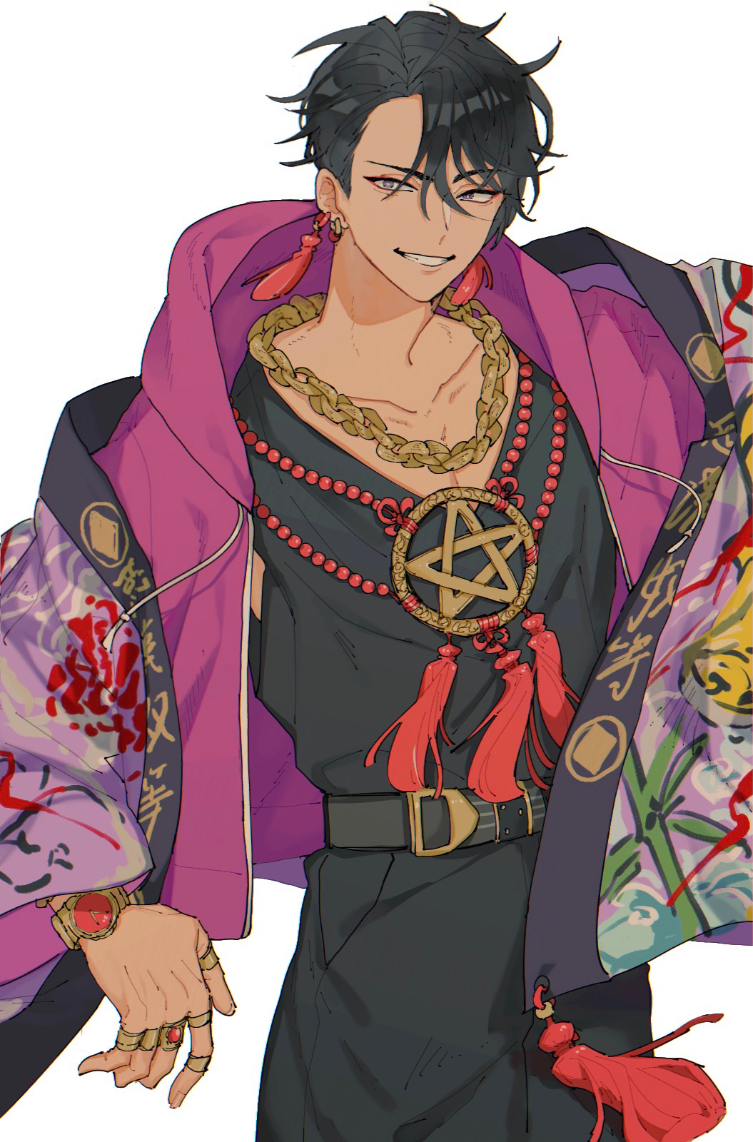 1boy, black_hair, black_shirt, butchi, earrings, facing_viewer, highres, jewelry