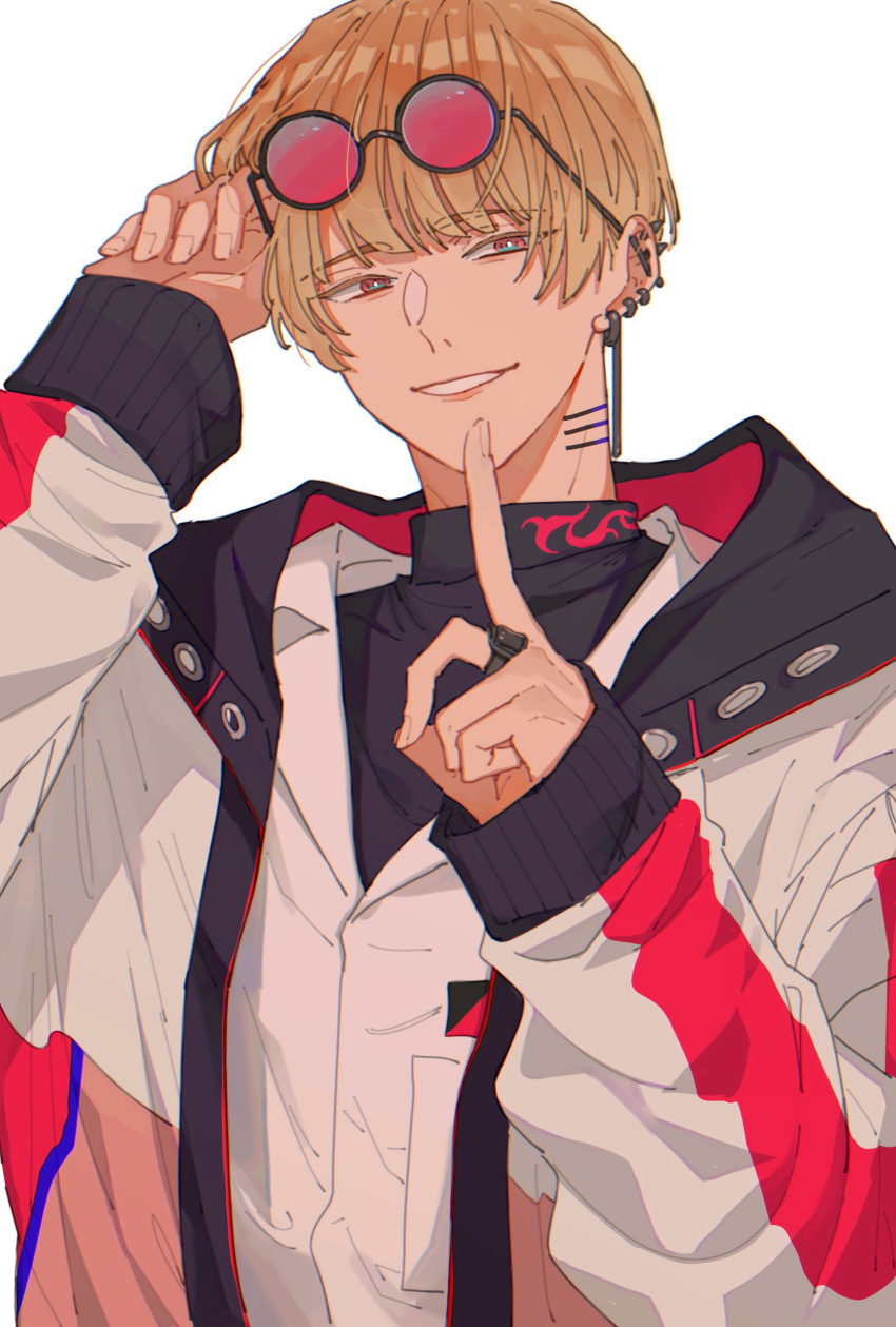 1boy, absurdres, blonde_hair, butchi, ear_piercing, earrings, finger_to_mouth, glasses