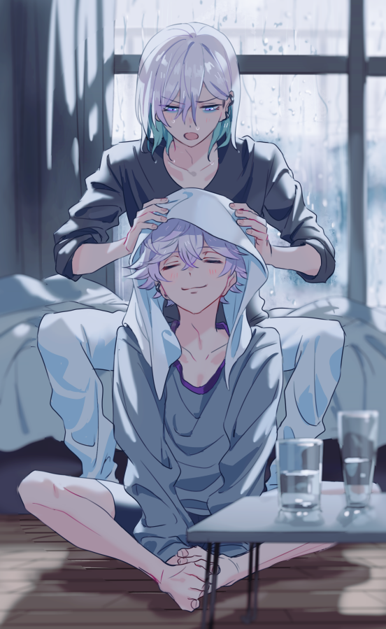 2boys, blue_eyes, blue_hair, brothers, closed_eyes, drying, drying_hair, ear_piercing