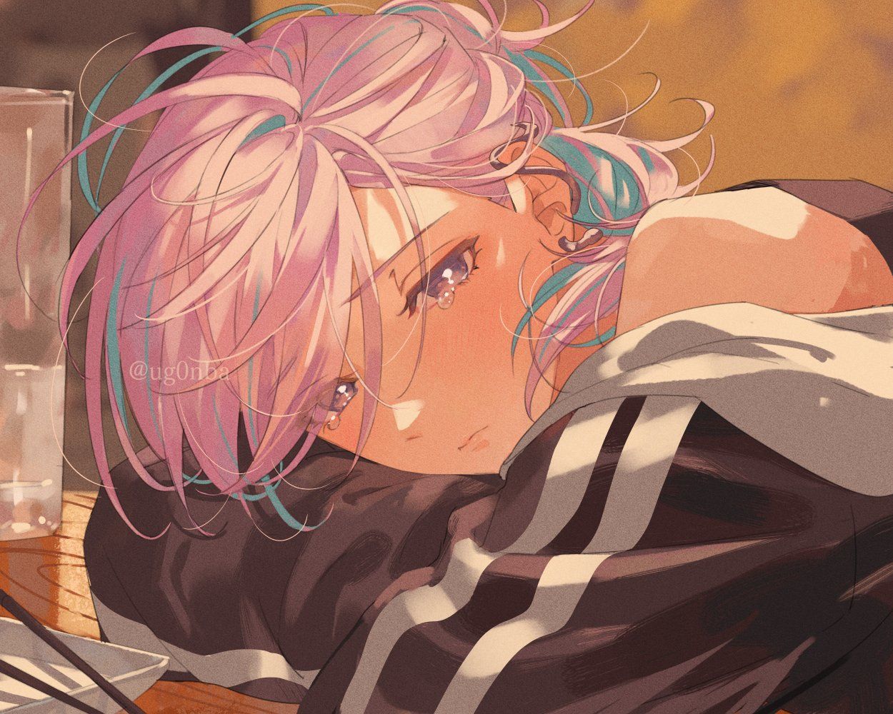 1boy, androgynous, bad_id, bad_twitter_id, blue_hair, blush, crying, crying_with_eyes_open