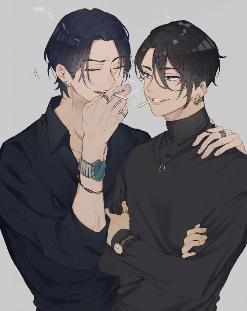 2boys, absurdres, black_hair, blue_hair, bracelet, butchi, cigarette, closed_eyes