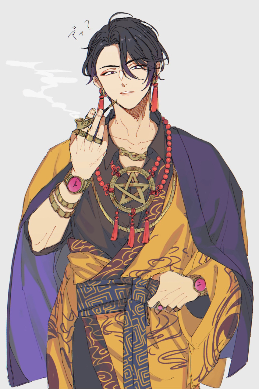 1boy, black_hair, bracelet, butchi, earrings, grey_background, highres, jewelry