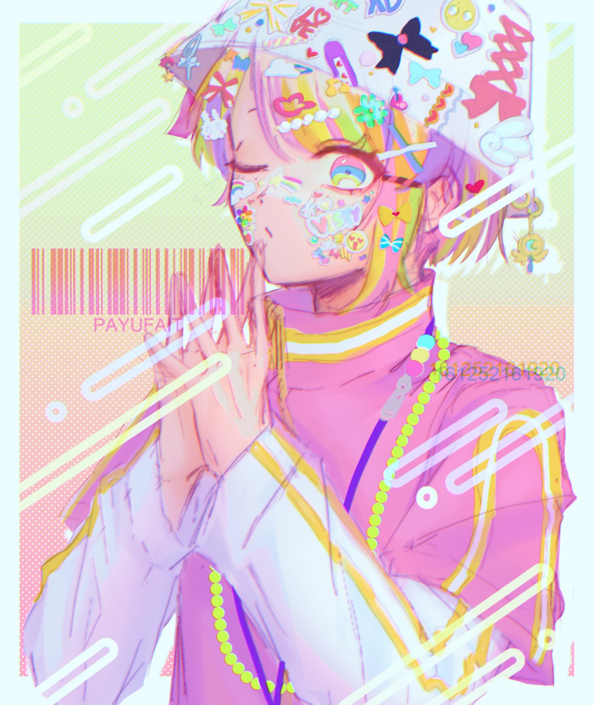 1boy, blonde_hair, blue_eyes, bucket_hat, decora, green_eyes, green_hair, hat, highres, jacket, long_sleeves, looking_at_viewer, male_focus, misuji_kantaro, multicolored_eyes, multicolored_hair, orange_hair, own_hands_together, paradox_live, payufait, pink_eyes, pink_hair, solo, sticker, sticker_on_face