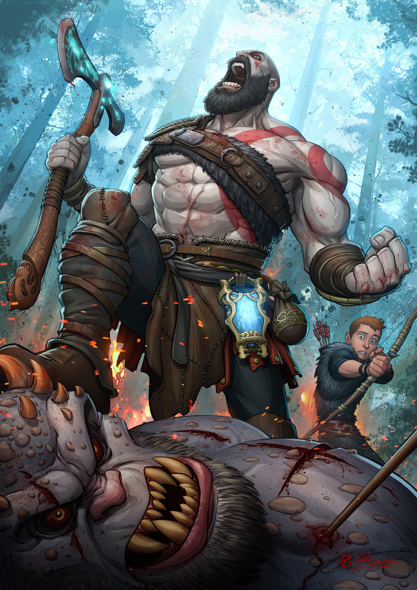 2boys, absurdres, arrow_in_body, atreus, axe, bald, beard, bow_(weapon)