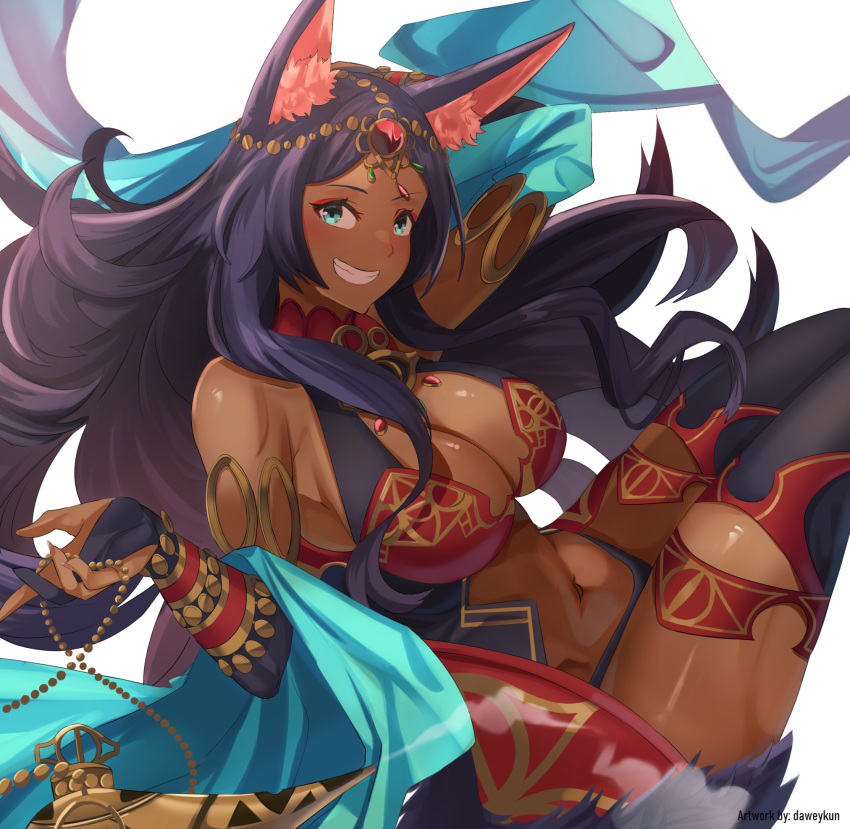 1girl, animal_ear_fluff, animal_ears, aqua_eyes, breasts, bridal_gauntlets, dark-skinned_female, dark_skin