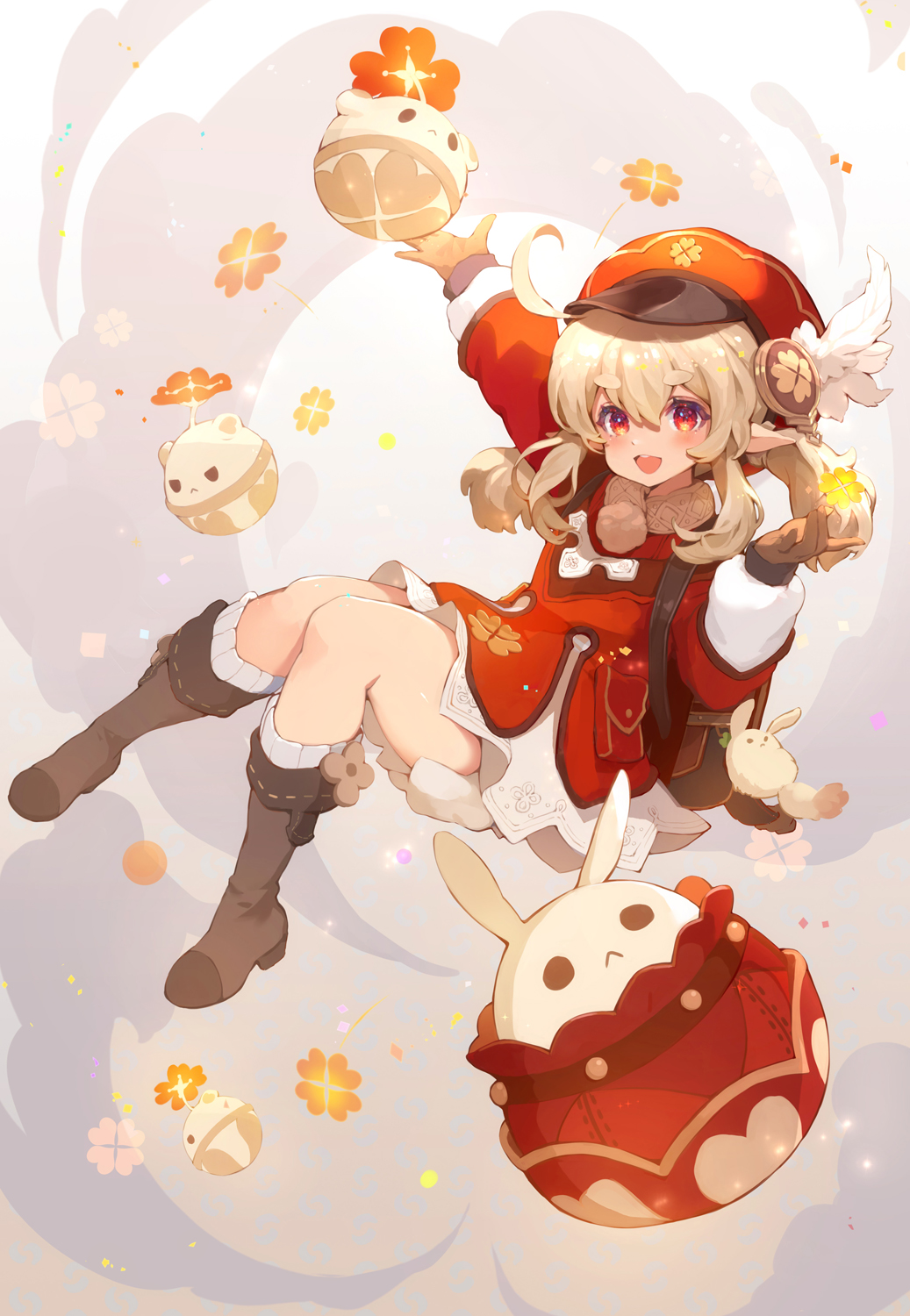 1girl, :d, ahoge, arm_up, backpack, bag, bag_charm, bangs