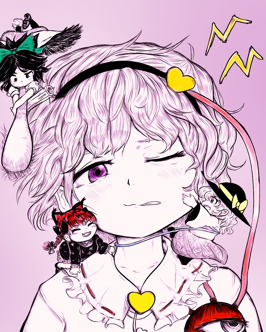 4girls, animal_ears, arm_cannon, blush, bow, braid, cat_ears, cheek_pull