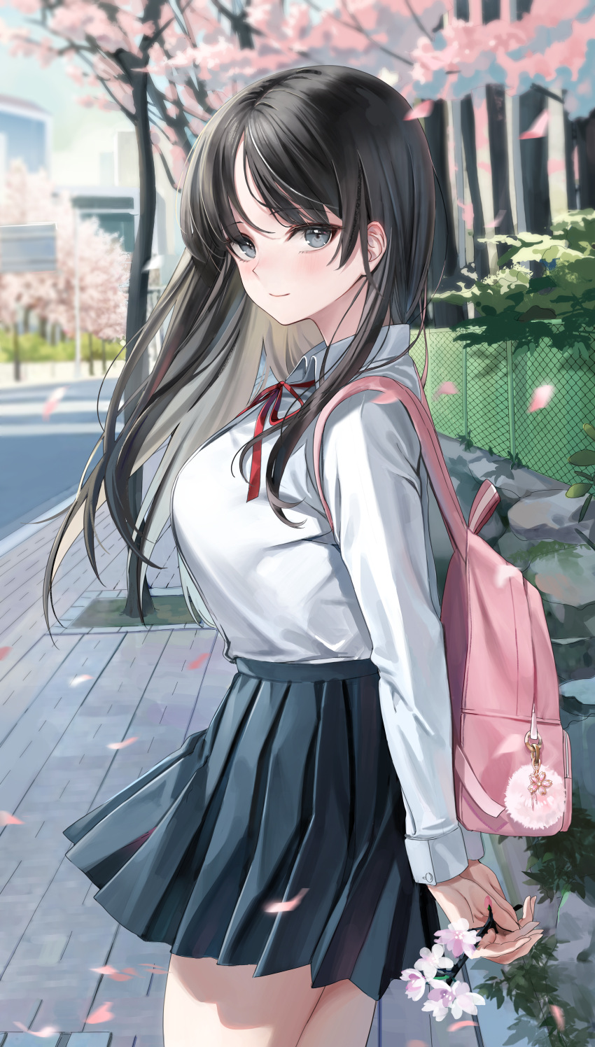 1girl, absurdres, arms_behind_back, backpack, bag, bangs, black_hair, branch
