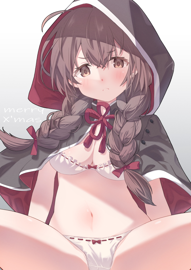 1girl, black_capelet, bra, braid, breasts, brown_hair, capelet, hair_ribbon, hood, hood_up, hooded_capelet, kantai_collection, large_breasts, long_hair, navel, panties, red_ribbon, ribbon, sanninme_no_haru, shinshuu_maru_(kancolle), solo, twin_braids, underwear, white_bra, white_panties