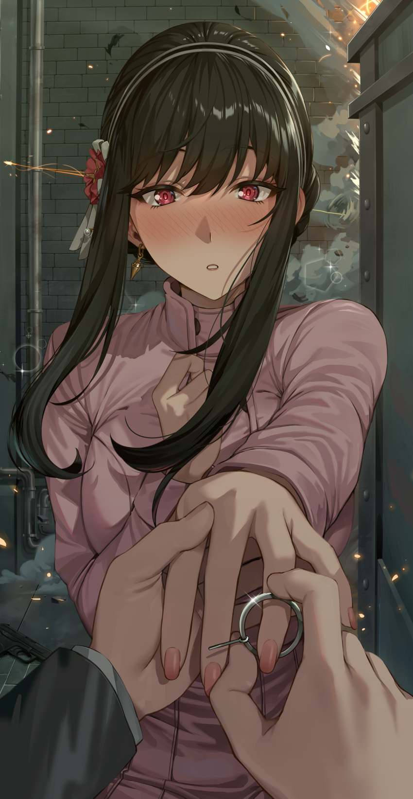 1boy, 1girl, absurdres, bangs, black_hair, blush, bullet, debris