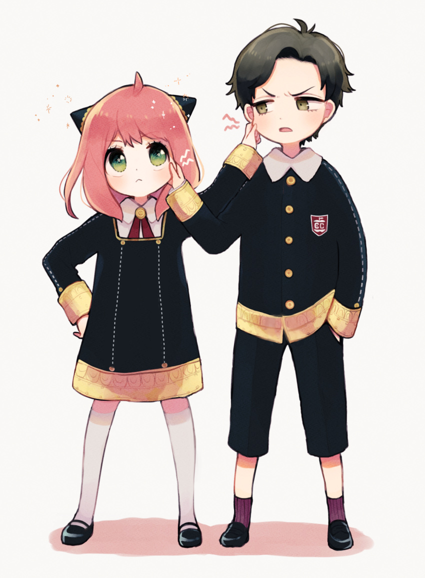1boy, 1girl, :<, ahoge, anya_(spy_x_family), black_dress, black_footwear, black_hair