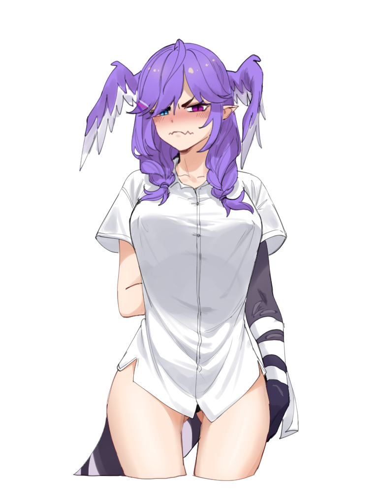 1girl, ahoge, alternate_costume, ameiarts, annoyed, arm_at_side, arm_behind_back, ass_visible_through_thighs, bandaged_arm, bandages, bangs, black_panties, blue_eyes, blush, braid, breasts, closed_mouth, collared_shirt, covered_nipples, cowboy_shot, cropped_legs, dragon_girl, dragon_tail, eyebrows_visible_through_hair, fang, full-face_blush, furrowed_brow, head_wings, heterochromia, large_breasts, long_hair, looking_at_viewer, nijisanji, nijisanji_en, no_bra, no_pants, panties, panty_peek, purple_hair, selen_tatsuki, shirt, short_sleeves, simple_background, slit_pupils, solo, straight-on, sweat, swept_bangs, tail, tented_shirt, twin_braids, underwear, violet_eyes, virtual_youtuber, wavy_mouth, white_background, white_shirt