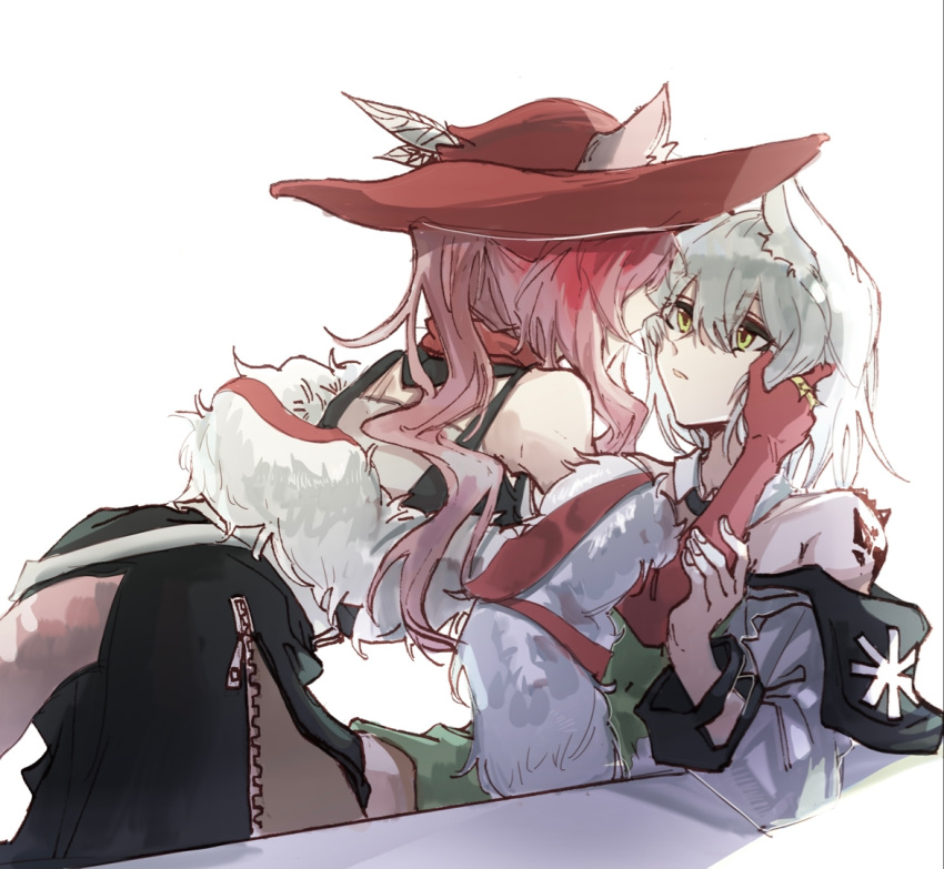 2girls, adjusting_another's_hair, animal_ears, arknights, bangs, bare_shoulders, bent_over, black_dress, brown_legwear, cat_ears, cat_girl, cat_tail, dress, e-fa-dorn, ears_through_headwear, elbow_gloves, eye_contact, eyebrows_visible_through_hair, fur_shawl, gloves, green_dress, green_eyes, hair_between_eyes, hat_feather, heidi_(arknights), jewelry, kal'tsit_(arknights), long_sleeves, looking_at_another, multiple_girls, oripathy_lesion_(arknights), pantyhose, pelvic_curtain, red_gloves, red_headwear, ring, short_hair, silver_hair, simple_background, sitting, sleeveless, sleeveless_dress, standing, tail, unzipped, white_background, yuri