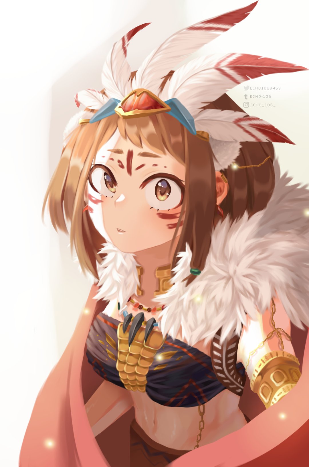 1girl, boku_no_hero_academia, breasts, brown_eyes, brown_hair, cape, echo1069479, facial_mark, feathers, fur_trim, headdress, highres, instagram_logo, instagram_username, jewelry, looking_at_viewer, medium_breasts, midriff, necklace, red_cape, short_hair, sidelocks, solo, tumblr_logo, tumblr_username, twitter_logo, twitter_username, uraraka_ochako