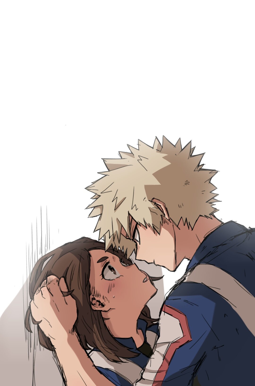 1boy, 1girl, against_wall, bakugou_katsuki, blonde_hair, boku_no_hero_academia, brown_eyes, brown_hair, echo1069479, hand_in_another's_hair, hetero, highres, looking_at_another, short_hair, sidelocks, spiky_hair, track_suit, u.a._gym_uniform, uraraka_ochako