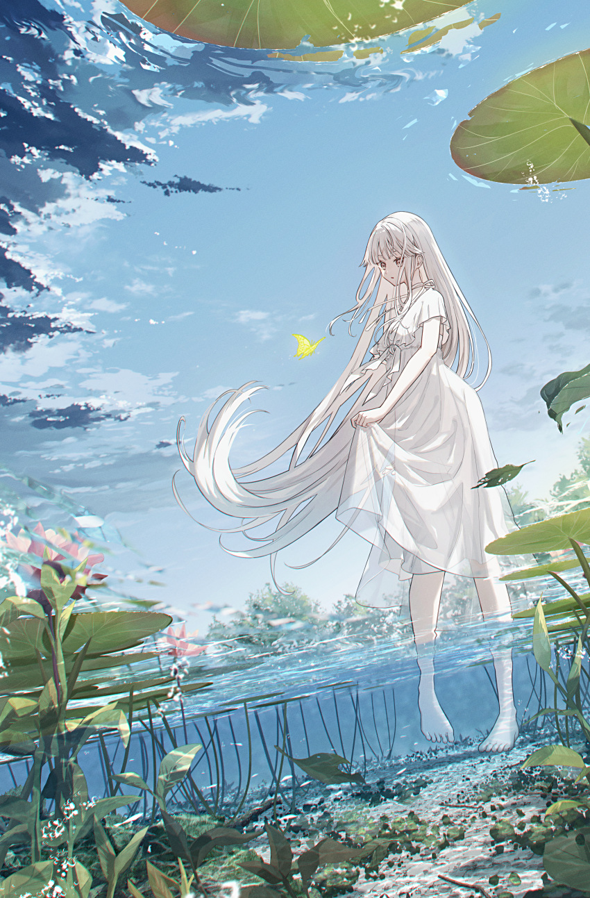 1girl, :o, absurdres, bangs, barefoot, blunt_bangs, brown_eyes, bug, butterfly, clouds, commentary, day, dress, highres, lily_pad, long_hair, original, outdoors, partially_submerged, partially_underwater_shot, scenery, skirt_hold, sky, solo, standing, symbol-only_commentary, tngn96, wading, water, white_dress, white_hair