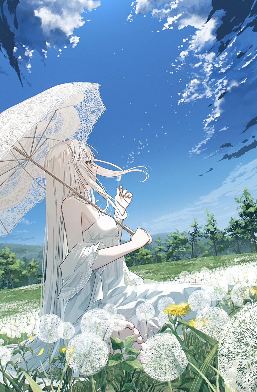 1girl, absurdres, bangs, bare_shoulders, barefoot, clouds, commentary, dandelion, day, detached_sleeves, dress, flower, from_side, grass, highres, holding, holding_flower, holding_umbrella, lace-trimmed_umbrella, long_hair, looking_afar, original, outdoors, scenery, sitting, sky, solo, symbol-only_commentary, tngn96, tree, umbrella, very_long_hair, wariza, white_dress, white_hair, yellow_eyes