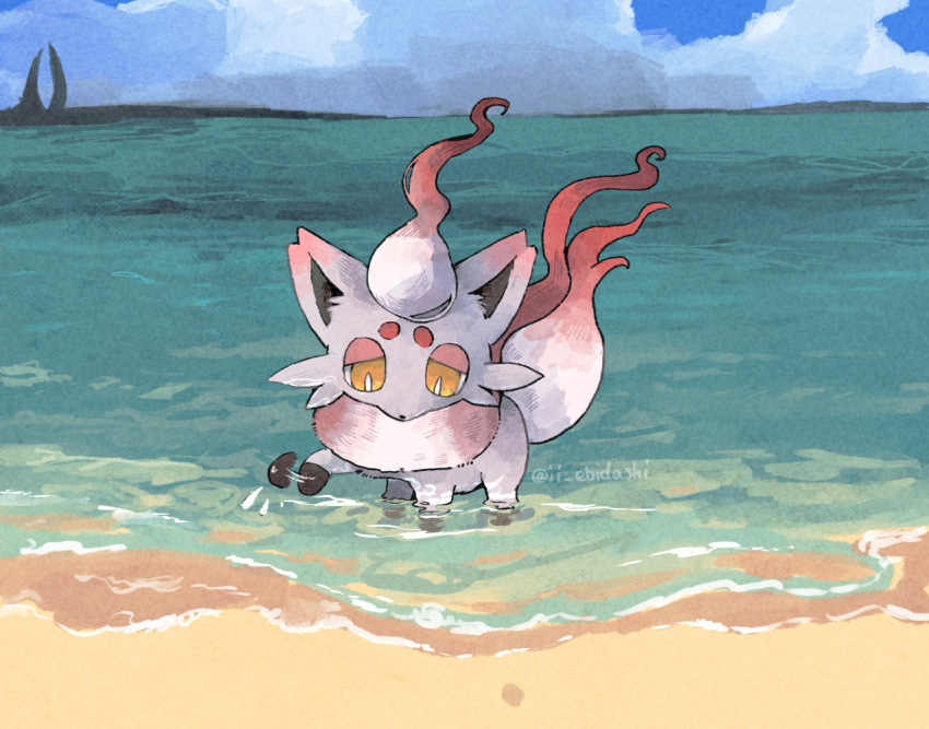 afterimage, bright_pupils, clouds, commentary_request, day, hisuian_zorua, ii_ebidashi, looking_down