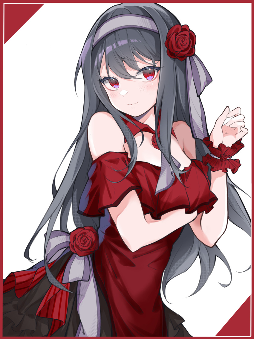 1girl, absurdres, arm_under_breasts, bangs, black_hair, blush, border, breasts
