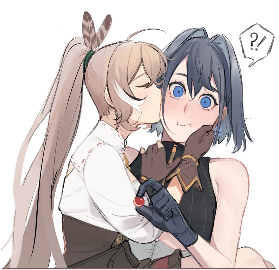 2girls, :i, ahoge, black_hair, blue_eyes, blue_hair, blush, brown_hair
