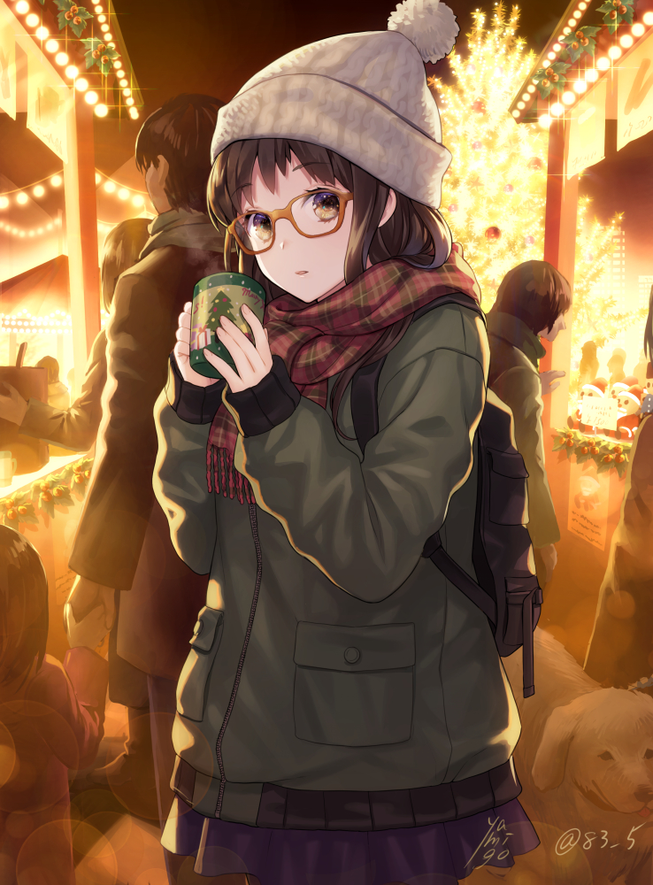 artist_name, beanie, brown-framed_eyewear, christmas, christmas_market, christmas_tree, christmas_tree_print, coat