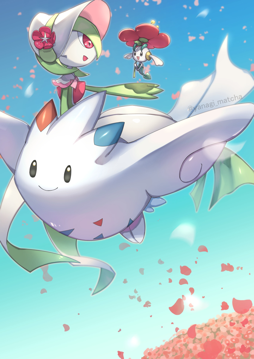 absurdres, bonnet, capelet, closed_mouth, commentary_request, day, falling_petals, floette, floette_(red), flower, gardevoir, green_hair, happy, highres, open_mouth, outdoors, petals, pokemon, pokemon_(creature), pokemon_(game), pokemon_unite, red_flower, riding, riding_pokemon, sky, smile, togekiss, twitter_username, watermark, white_headwear, yanagimachi