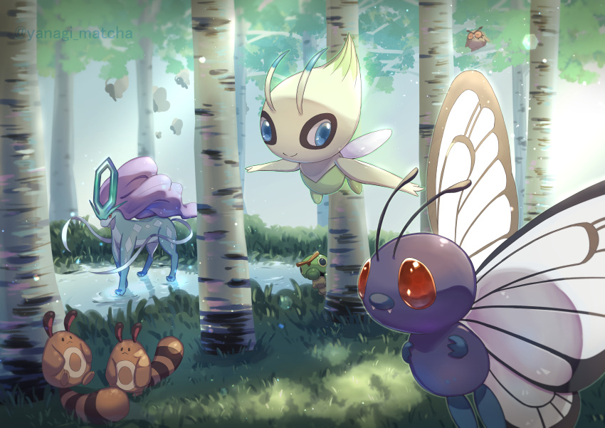 absurdres, blue_eyes, butterfree, celebi, closed_mouth, commentary_request, day, fangs