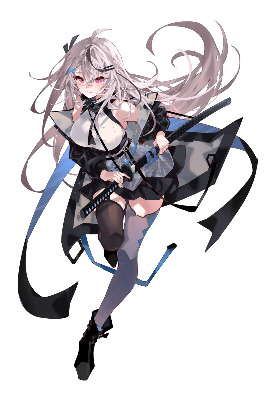 1girl, absurdres, arutera, asymmetrical_legwear, banned_artist, bare_shoulders, belt, black_footwear