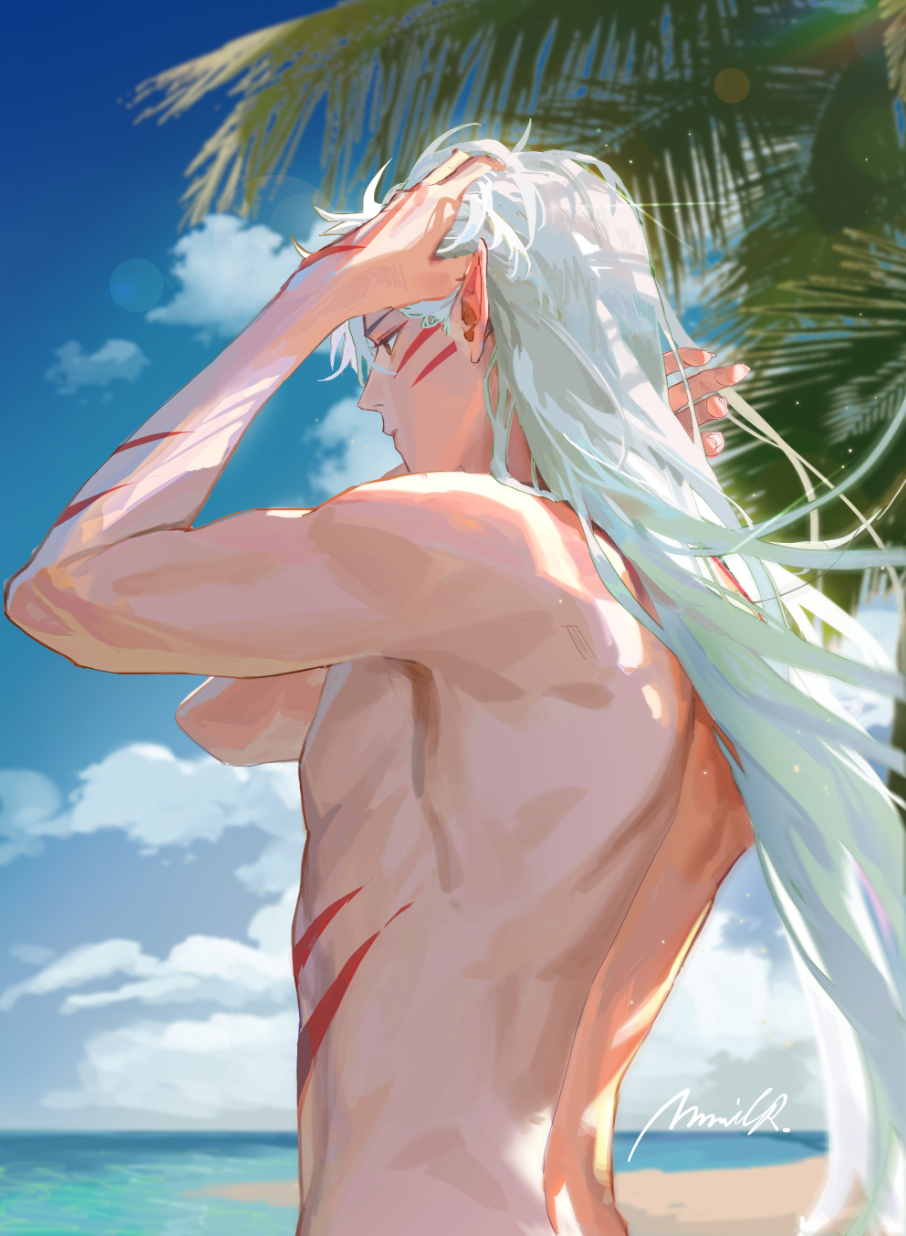 1boy, arms_up, beach, bishi, blue_sky, body_markings, commentary, day, facial_mark, from_behind, hands_in_hair, highres, horizon, inuyasha, lens_flare, long_hair, male_focus, median_furrow, mmmilk, outdoors, palm_tree, pectorals, pointy_ears, sesshoumaru, sidepec, signature, sky, solo, toned, toned_male, topless_male, tree, twitter_username, white_hair, yellow_eyes