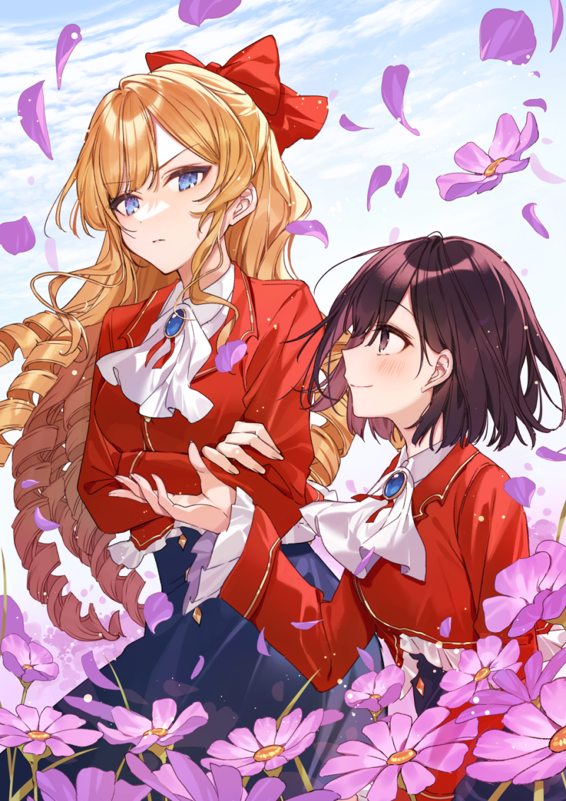 2girls, black_eyes, black_hair, blonde_hair, blue_eyes, blue_skirt, claire_francois, clouds