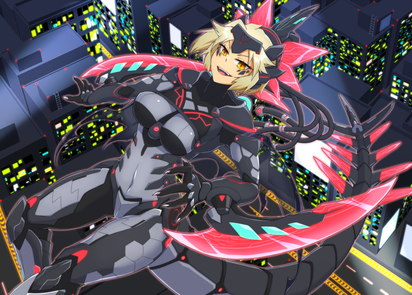 1girl, :d, arm_blade, armor, armored_bodysuit, blonde_hair, bodysuit, breasts
