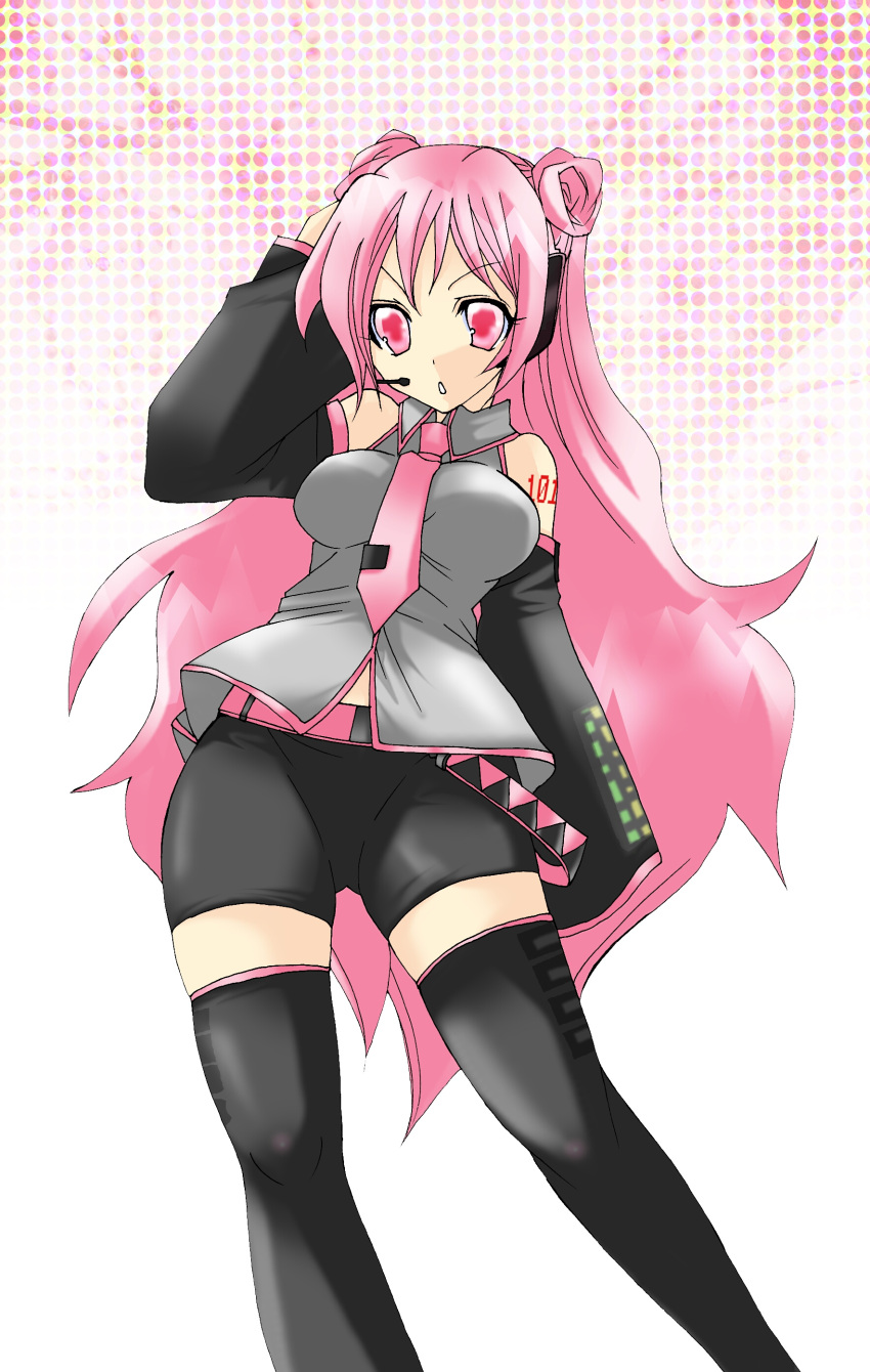 bike_shorts, detached_sleeves, hand_on_headphones, headphones, highres, pink_eyes, pink_hair, solo
