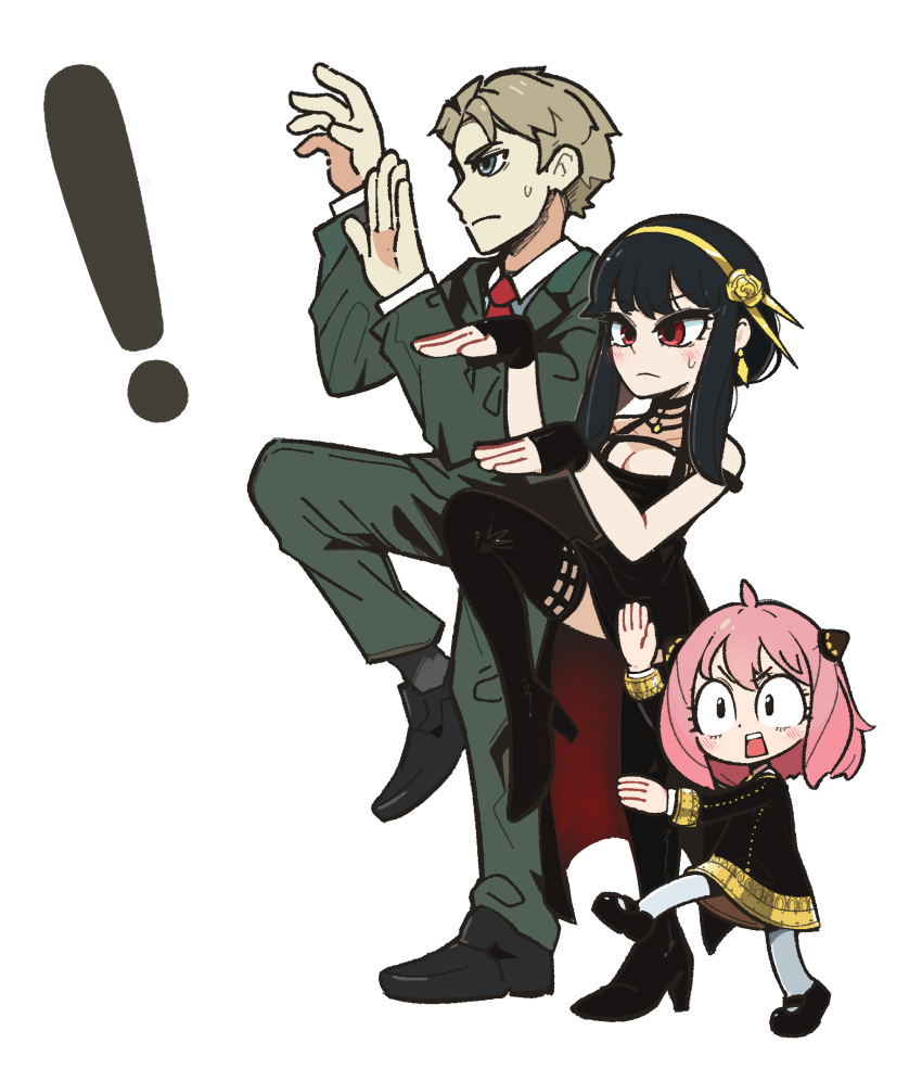 1boy, 2girls, anya_(spy_x_family), bare_shoulders, black_dress, black_footwear, black_gloves, black_hair