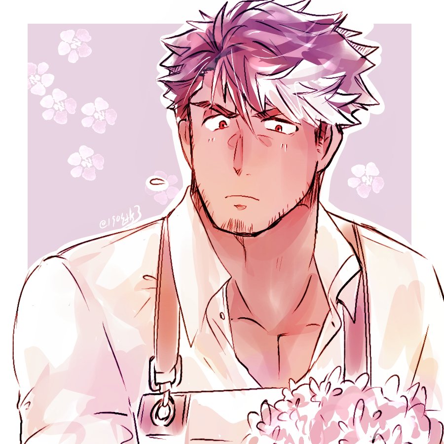 1boy, apron, bangs, bouquet, cherry_blossoms, facial_hair, hair_between_eyes, lilac_(live_a_hero), live_a_hero, looking_down, male_focus, multicolored_hair, pectoral_cleavage, pectorals, shirt, short_hair, simple_background, solo, stubble, taki_(1904), thick_eyebrows
