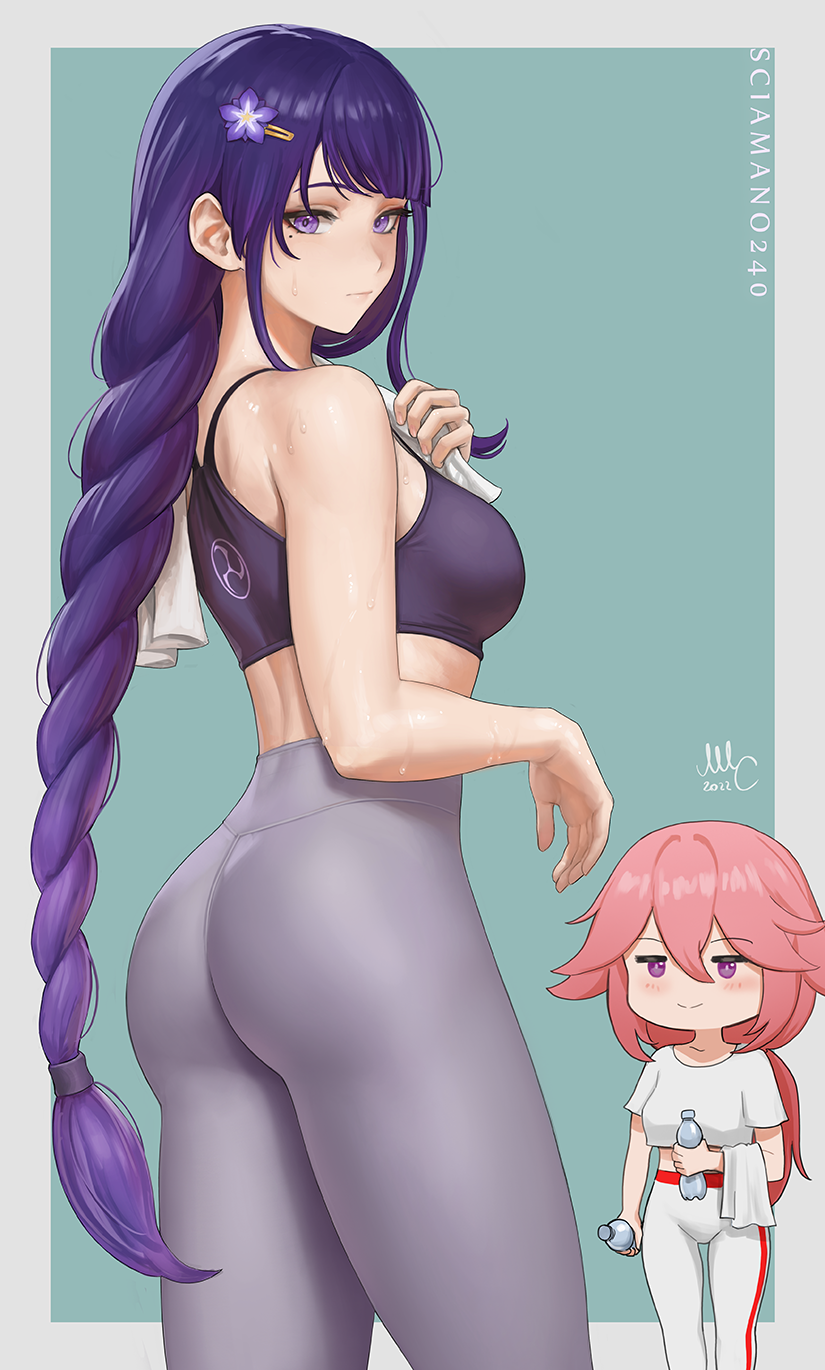 2girls, alternate_costume, artist_name, ass, black_sports_bra, blush, border, bottle