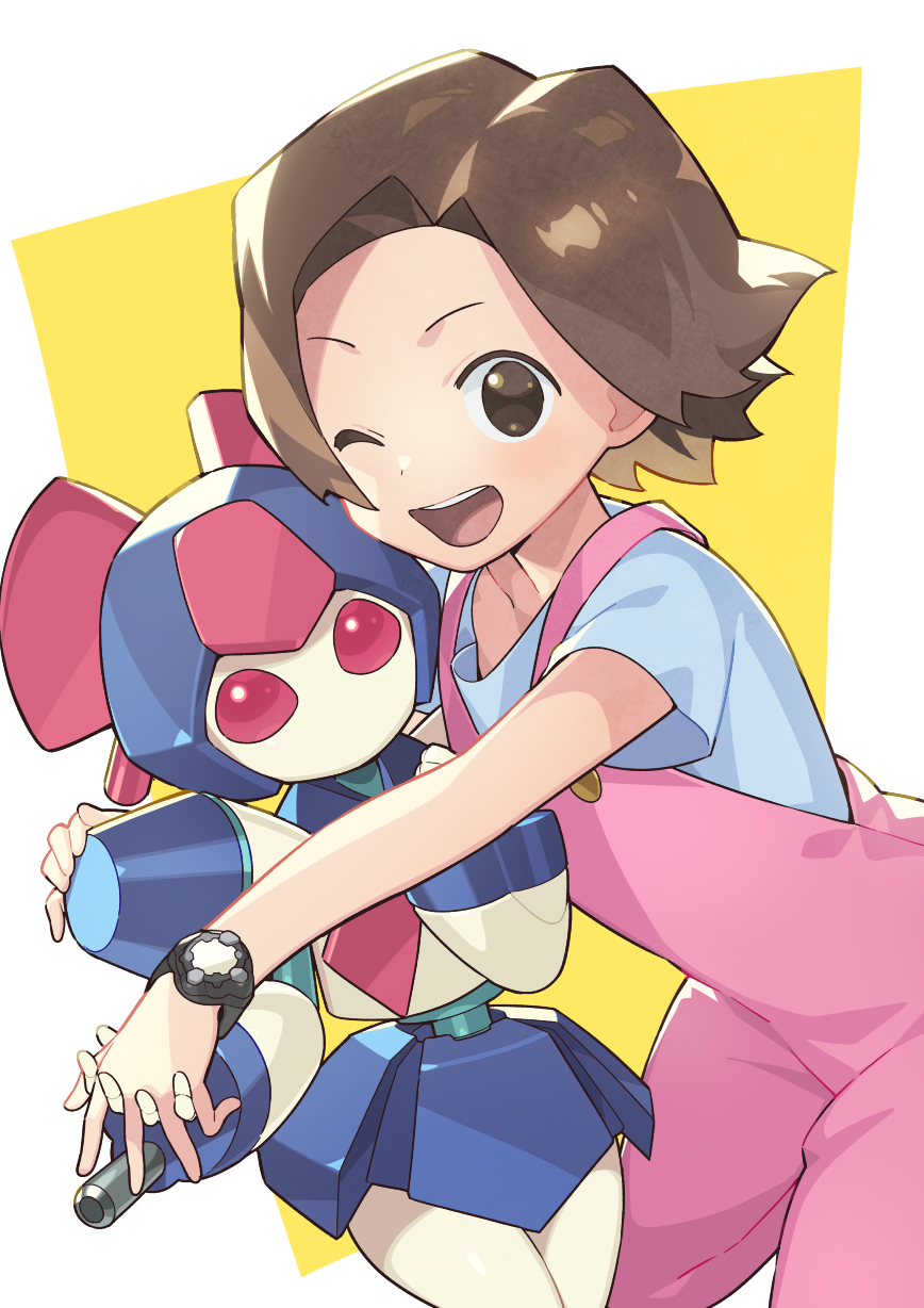 2girls, ;d, amazake_arika, arm_cannon, blue_shirt, blue_skirt, bow, bowtie