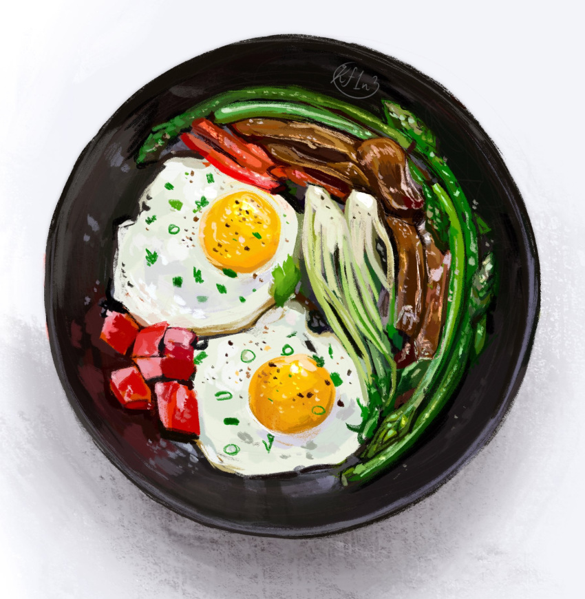artist_name, asparagus, bok_choy, capsicum, commentary, egg, english_commentary, food, food_focus, from_above, frying_pan, highres, kay_(kf1n3), meat, no_humans, original, signature, spring_onion, still_life