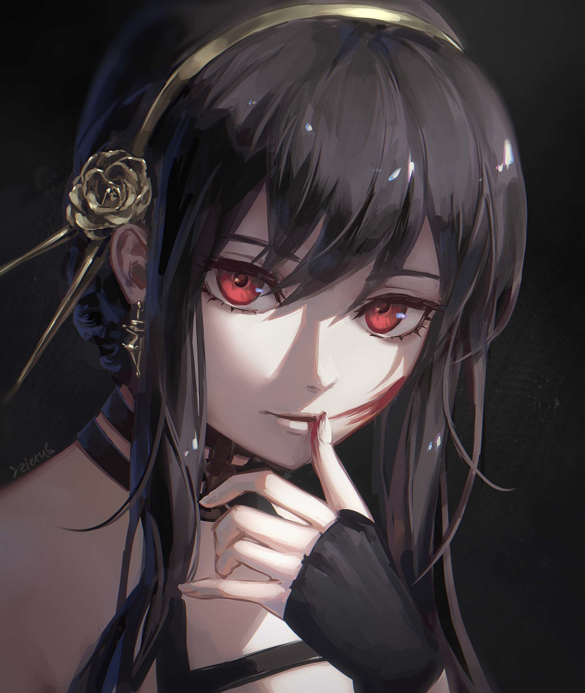 1girl, bangs, bare_shoulders, black_dress, black_gloves, black_hair, blood, blood_on_face