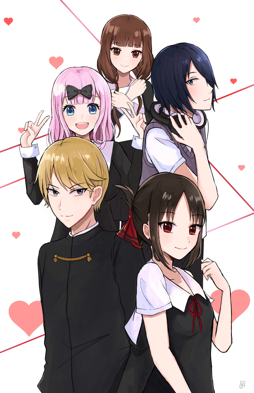 2girls, 3girls, :d, absurdres, black_bow, black_dress, black_hair, black_jacket, blonde_hair, blue_eyes, blue_hair, bow, brown_eyes, brown_hair, closed_mouth, double_v, dress, everyone, folded_ponytail, fujiwara_chika, grey_vest, hair_bow, hair_over_one_eye, headphones, headphones_around_neck, heart, highres, iino_miko, ishigami_yuu, jacket, kaguya-sama_wa_kokurasetai_~tensai-tachi_no_renai_zunousen~, kato_yuurina, koi_wa_sensou_(vocaloid), long_hair, long_sleeves, looking_at_viewer, low_twintails, medium_hair, multiple_girls, open_mouth, pinafore_dress, pink_hair, red_eyes, shinomiya_kaguya, shirogane_miyuki, short_hair, shuuchiin_academy_uniform, smile, summer_uniform, twintails, v, vest, winter_uniform