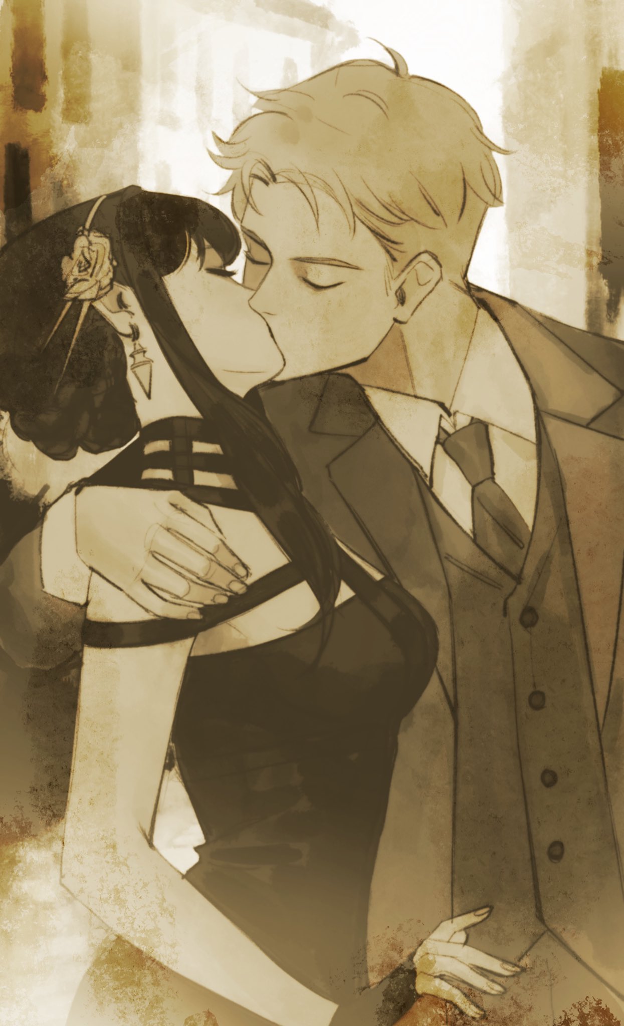 1boy, 1girl, bare_arms, black_dress, black_gloves, black_hair, buttons, city
