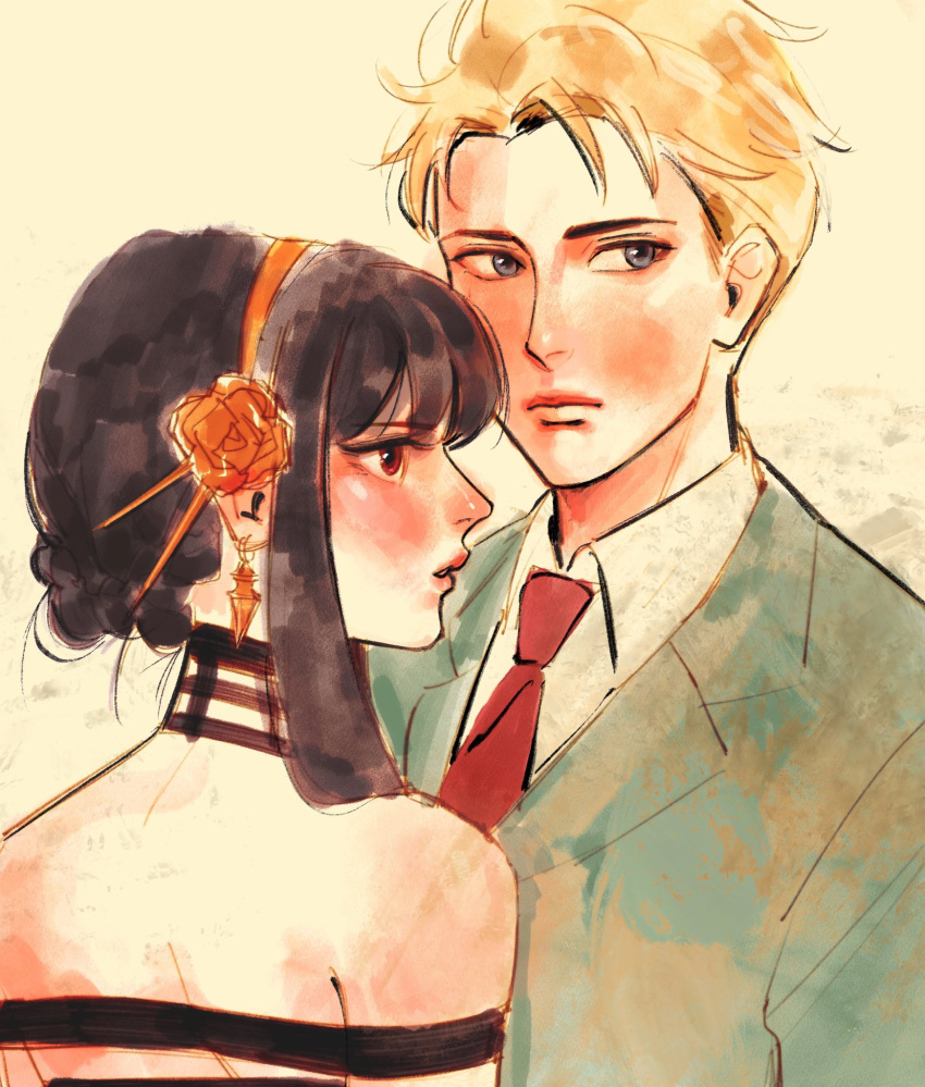 1boy, 1girl, bare_shoulders, black_dress, black_hair, blonde_hair, closed_mouth, dress