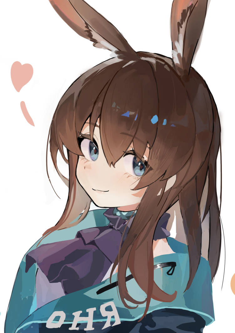 1girl, amiya_(arknights), animal_ear_fluff, animal_ears, arknights, ascot, bangs, blue_choker, blue_coat, blue_eyes, brown_hair, choker, closed_mouth, clothes_writing, coat, eyebrows_visible_through_hair, guodong, hair_between_eyes, heart, long_hair, looking_at_viewer, purple_ascot, rabbit_ears, sidelocks, simple_background, smile, solo, upper_body, white_background
