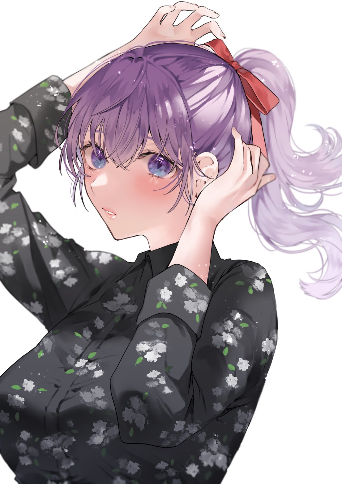 1girl, adjusting_hair_ornament, alternate_eye_color, alternate_hairstyle, arm_up, black_shirt, blue_eyes, blurry