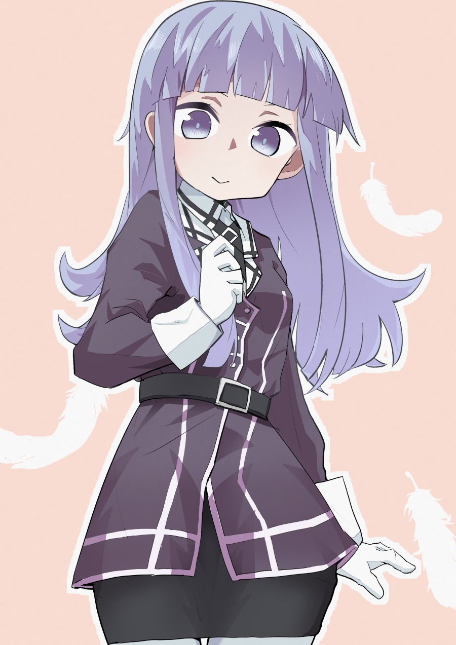 1girl, black_skirt, blue_eyes, blue_hair, commentary_request, cosplay, cowboy_shot, gloves, hatsukaze_(kancolle), highres, hime_cut, kantai_collection, long_hair, looking_at_viewer, military, military_uniform, myoukou_(kancolle), myoukou_(kancolle)_(cosplay), myoukou_kai_ni_(kancolle), myoukou_kai_ni_(kancolle)_(cosplay), pencil_skirt, purple_shirt, shirt, skirt, solo, uniform, white_gloves, zaru_no_naka_ni_aru_saikoro