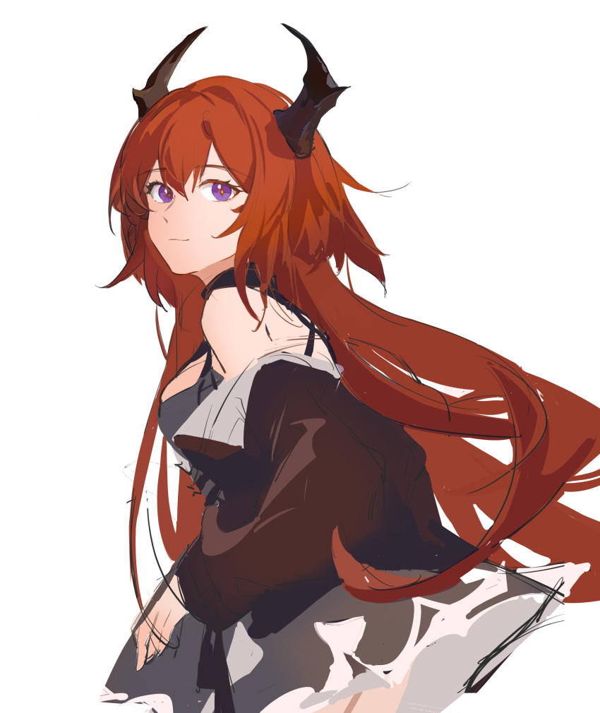 1girl, 90_(37032), absurdres, arknights, bangs, bare_shoulders, black_dress, black_jacket, breasts, closed_mouth, cowboy_shot, dress, eyebrows_visible_through_hair, from_side, highres, horns, jacket, long_hair, long_sleeves, looking_at_viewer, looking_to_the_side, medium_breasts, open_clothes, open_jacket, redhead, simple_background, smile, solo, surtr_(arknights), very_long_hair, violet_eyes, white_background