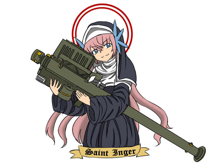 1girl, absurdres, banner, blue_eyes, deculture, eyebrows_visible_through_hair, fim-92_stinger, habit